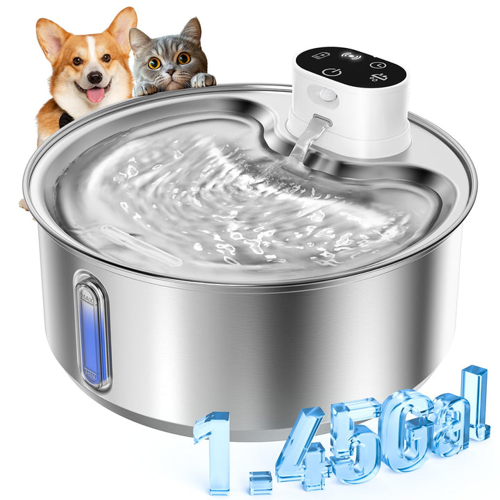 Katzenbrunnen Edelstahl Kabellos 5,5 L für Katzen (1 Filter) | 5000mAh Akku mit bewegungsmelder, lei