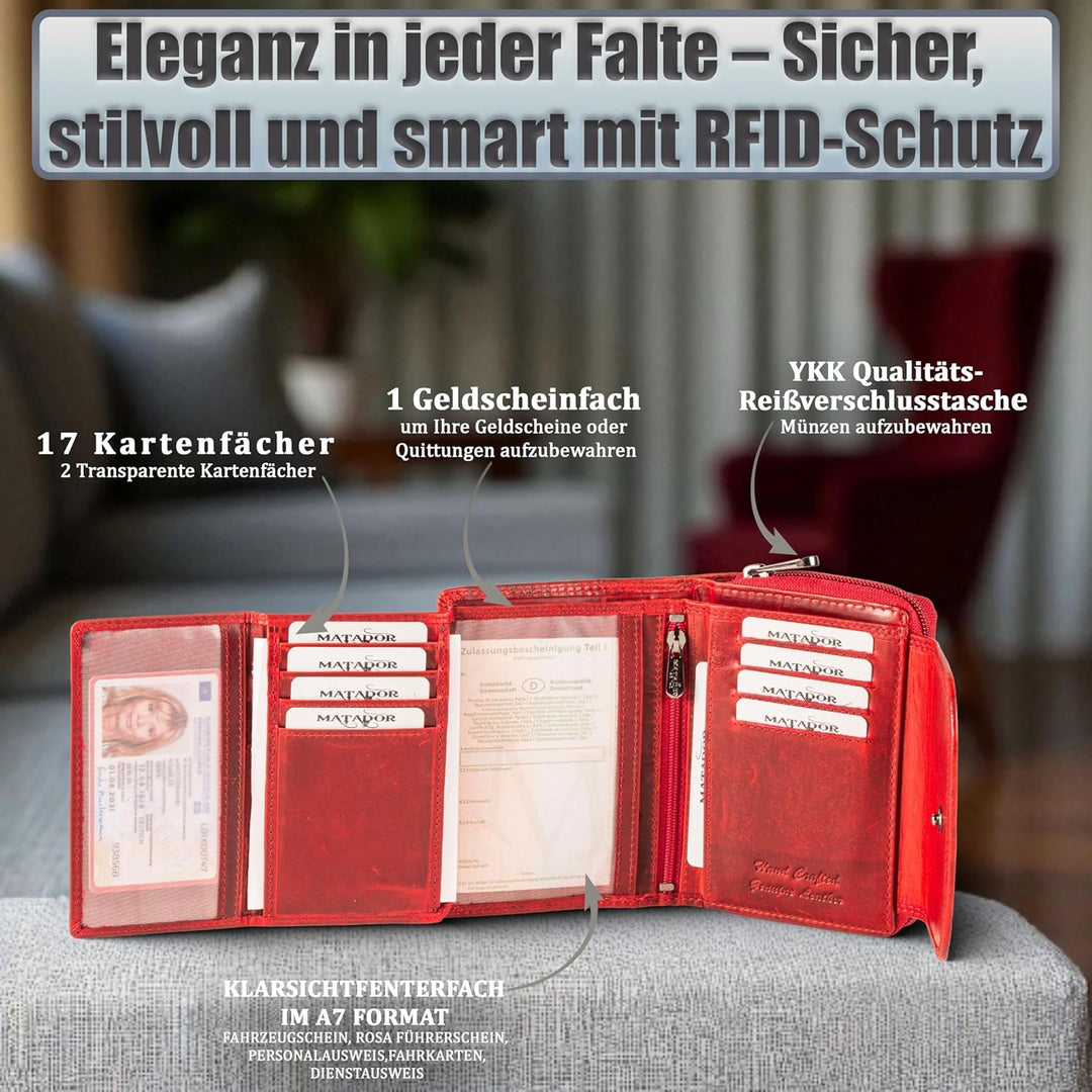 MATADOR Geldbörse Damen Rot Leder #Murcia mit edler Geschenkbox, Elegante Geldbörse Damen Mittelgros
