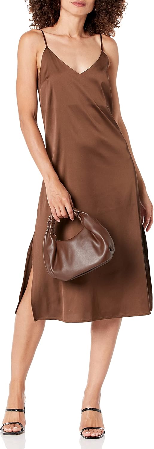 The Drop Damen Ana Silky Midi-Slip-Kleid mit V-Ausschnitt L Espresso, L Espresso