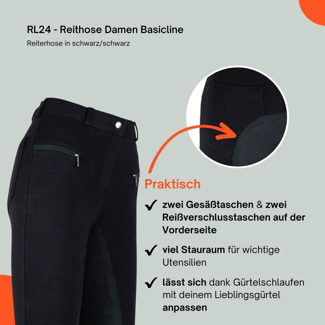 RL24 - Damen Reithose Vollbesatz BASICLINE 46 Schwarz/Schwarz, 46 Schwarz/Schwarz