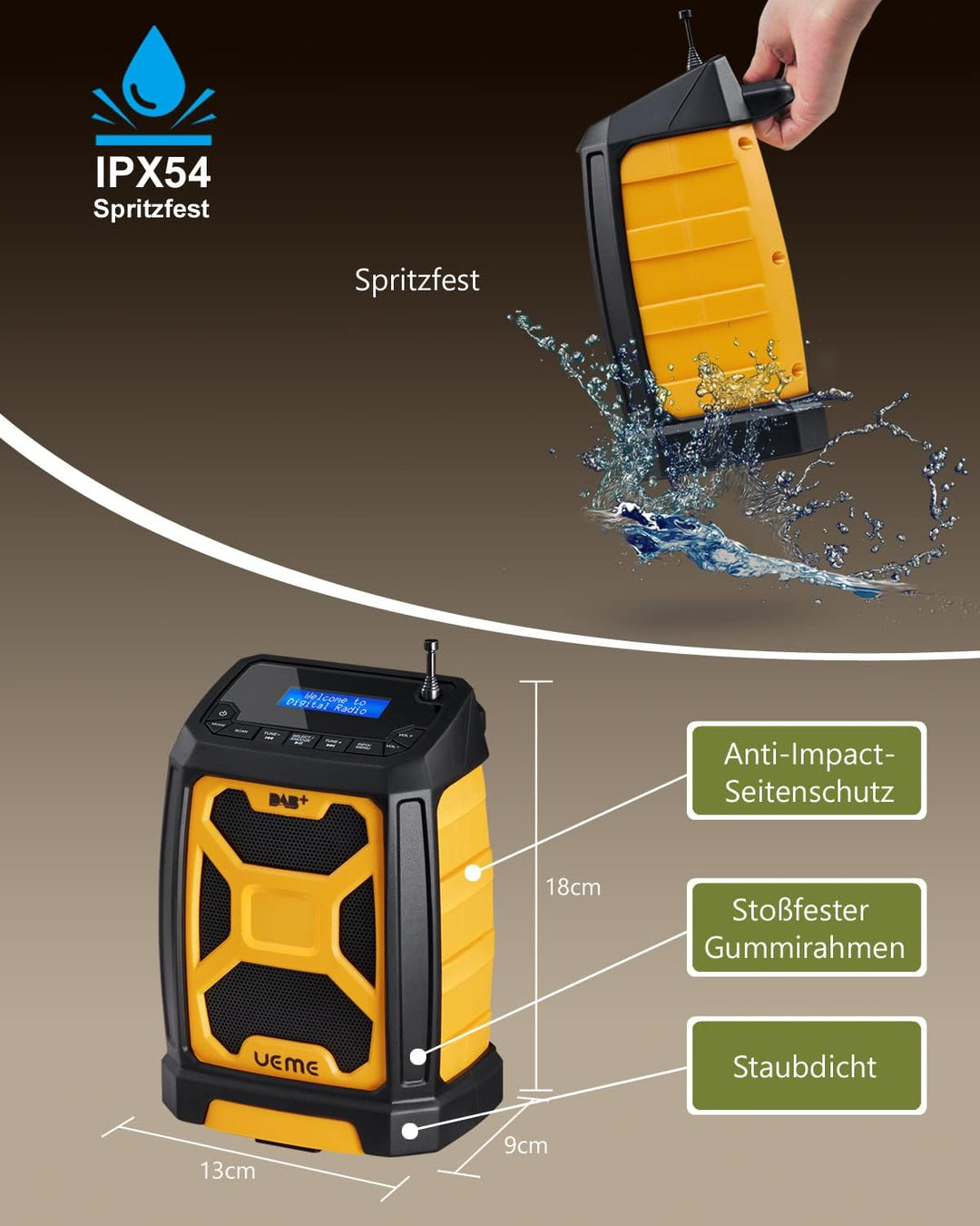 Baustellenradio Mit Akku Aufladbar (6000mAh), Tragbares DAB+/FM Radio, Bluetooth Lautsprecher &amp; Dual