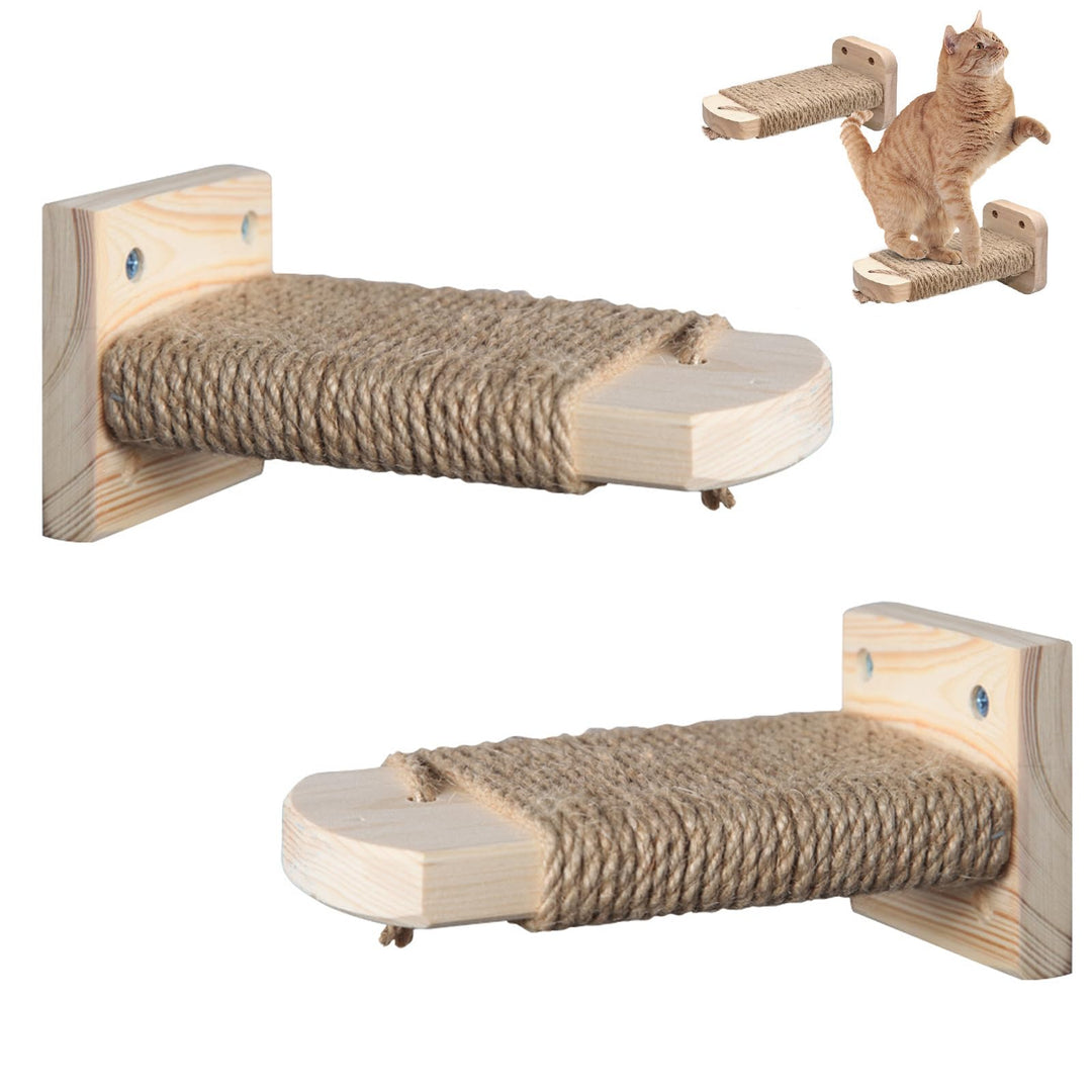 Katzentreppe Wand 2er-Pack, Katzenleiter aus Massivholz mit Juteseil, Kletterwand Katzen, Kratzfunkt