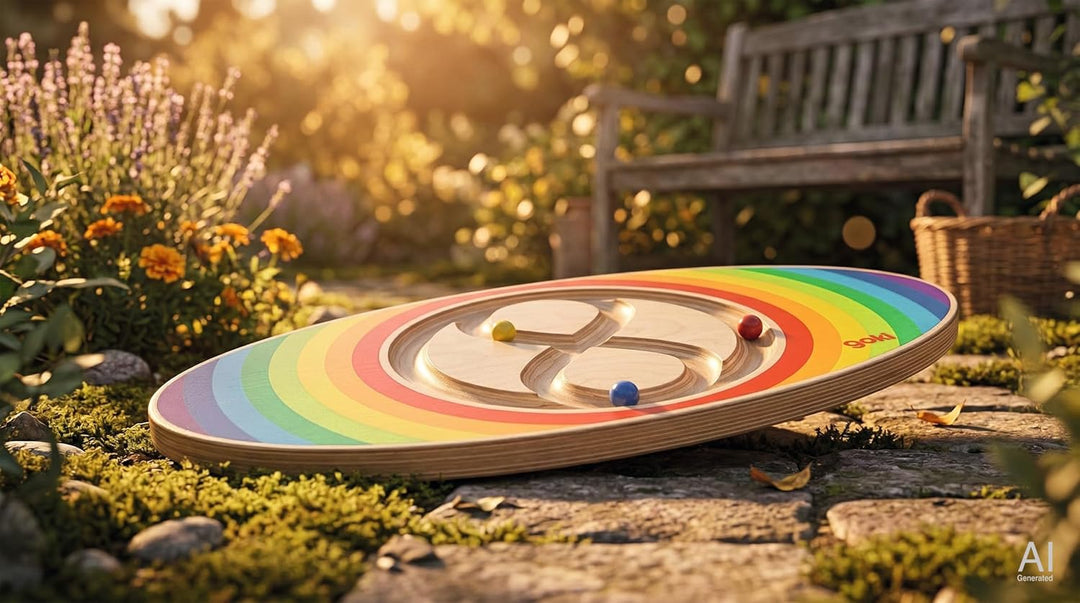 goki Evolution 59962 - Balance Board Labirinto aus Holz, 3 Bunte Mumeln zum ausbalancieren, fördert
