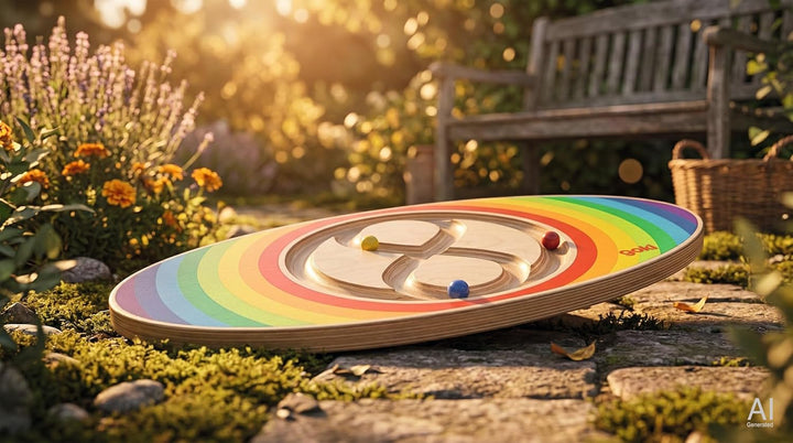 goki Evolution 59962 - Balance Board Labirinto aus Holz, 3 Bunte Mumeln zum ausbalancieren, fördert