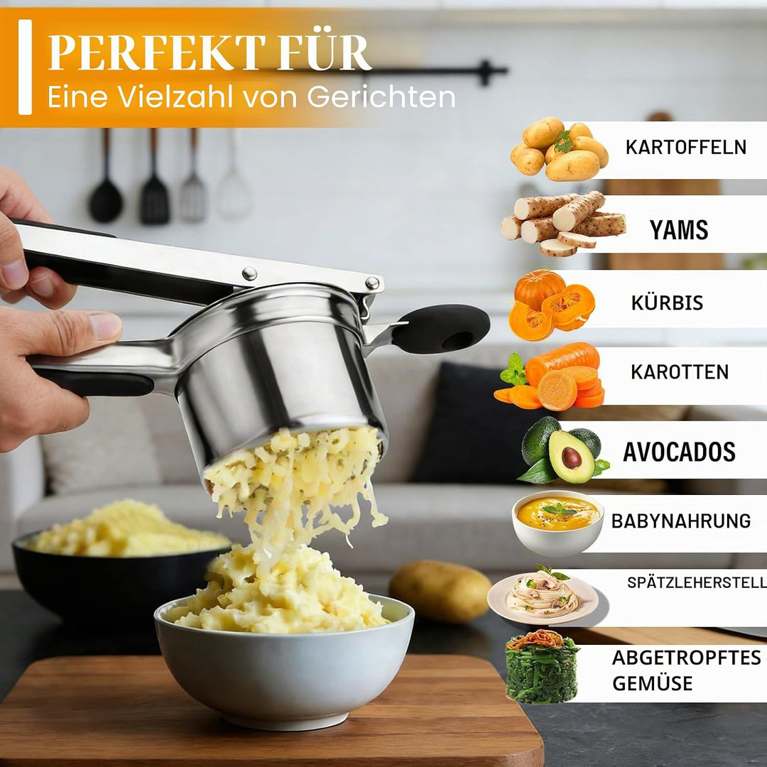 Kartoffelpresse Edelstahl mit 4 Scheiben & Schäler Set – Robuste Kartoffelquetsche für Kartoffelpüre