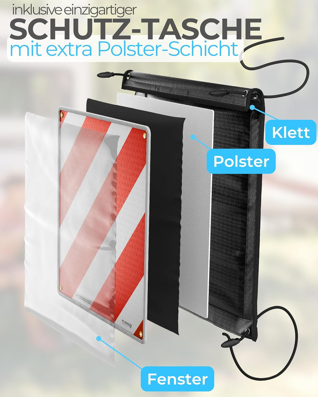 PLANGER® - Warntafel Italien und Spanien + Tasche 2in1 (50 x 50 cm) - Reflektierendes Warnschild rot