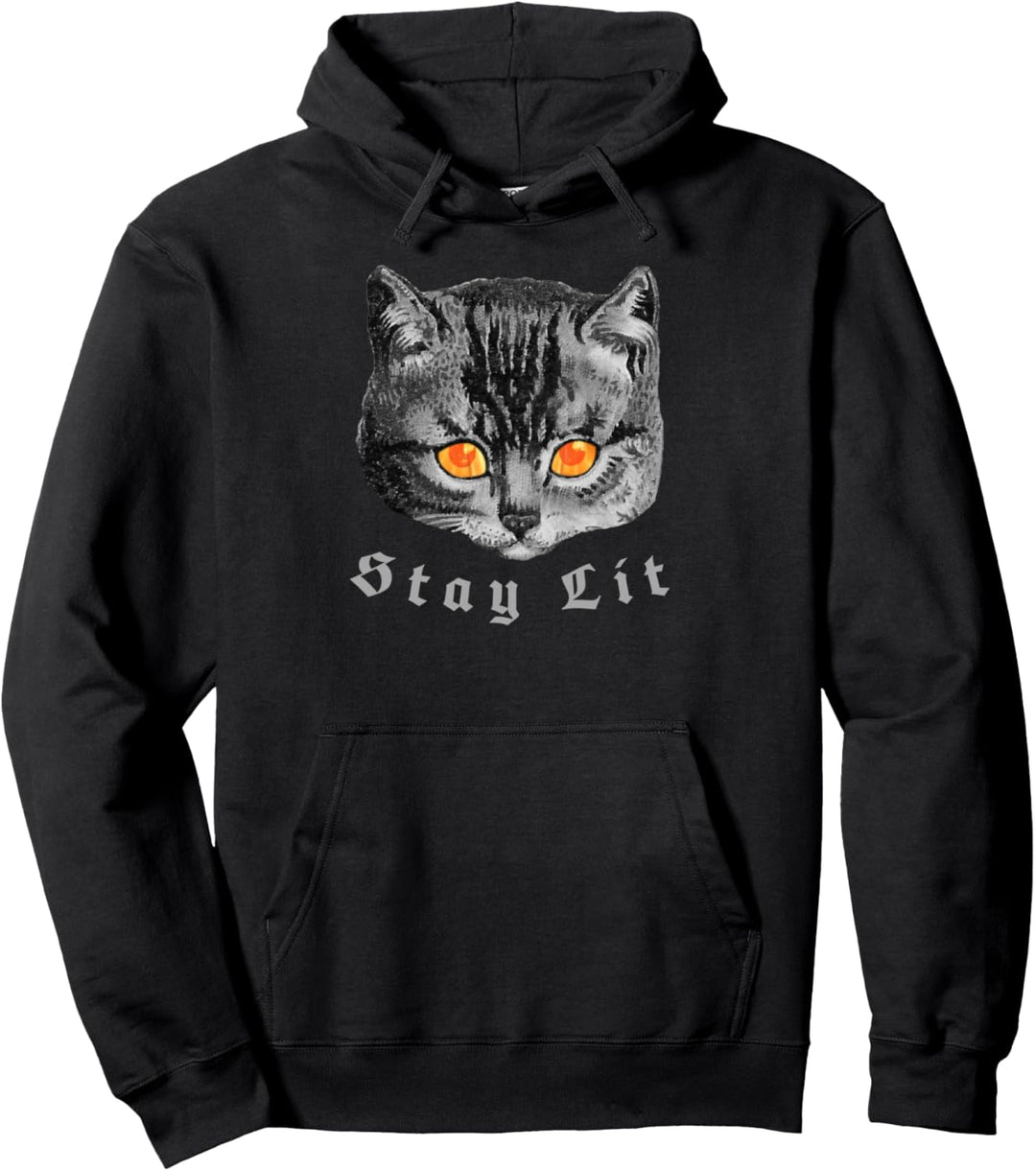 Bleiben Sie beleuchtet Brennende Feueraugen Katze Okkulte Satanische Hexerei 666 Pullover Hoodie