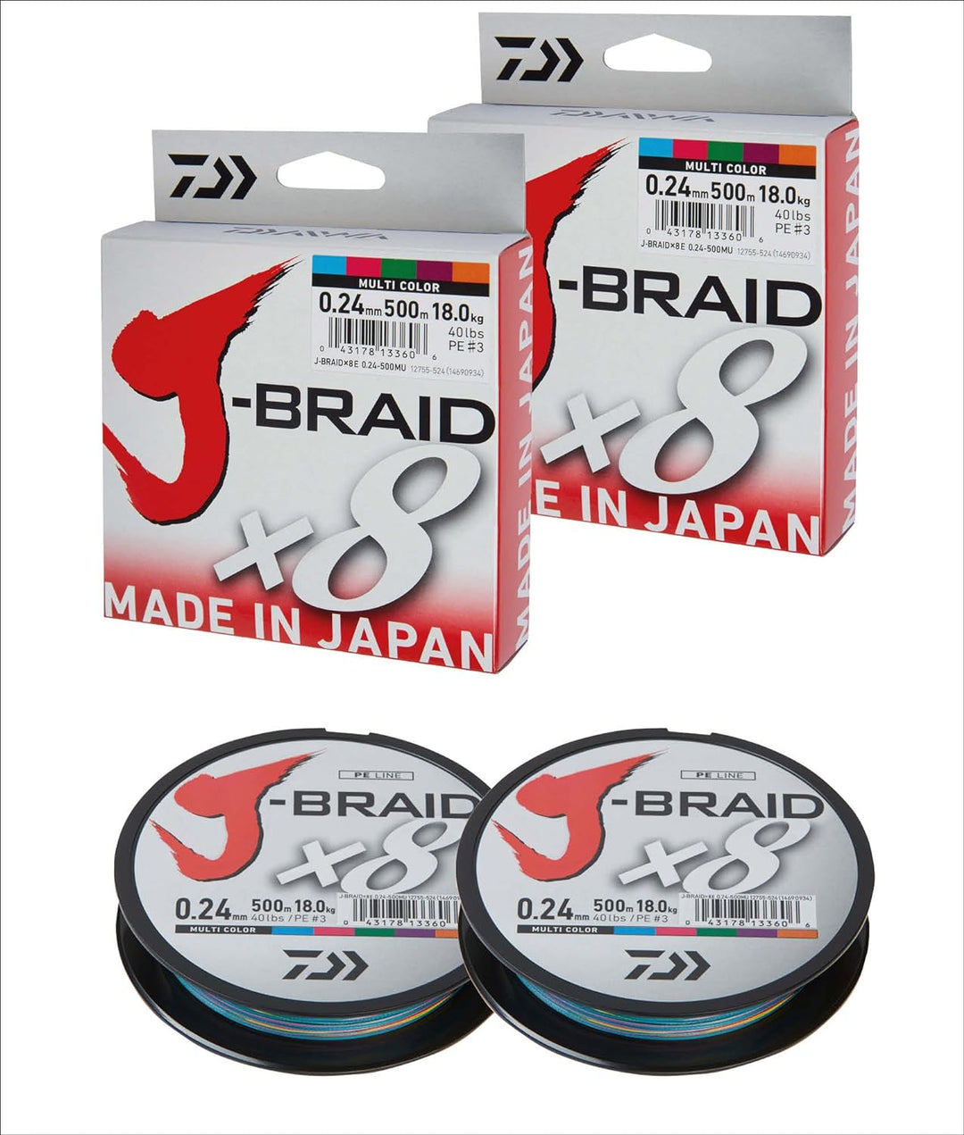 Daiwa 2 STK J-Braid 8 Braid 0.18mm, 12,0kg/26,5lbs, 300m Multicolour (Doppelpack)