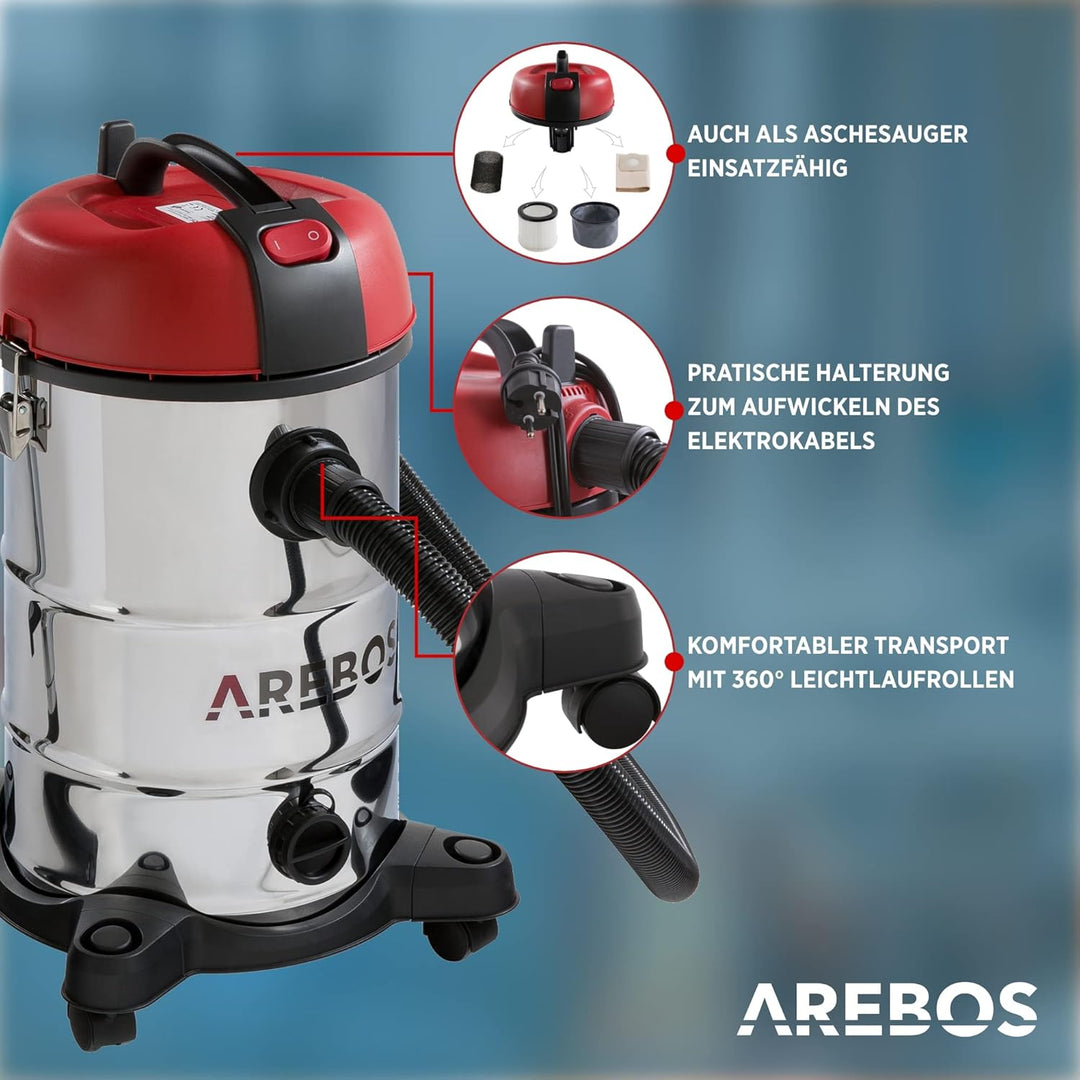 Arebos Industriestaubsauger 1800 W | Nass- &amp; Trockensauger | Aschesauger für Kamin &amp; Grill | Mehrzwe
