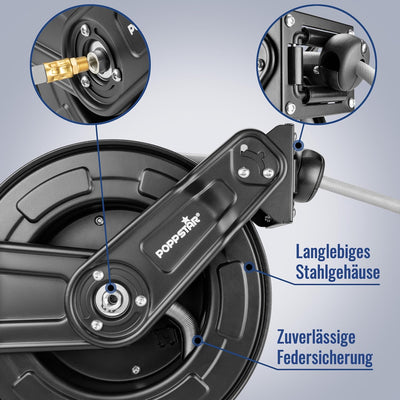 Poppstar Druckluftschlauchtrommel aus Stahl (20m+2m, Durchmesser (9,2x15mm)), Anschlüsse 1/4 Zoll BS