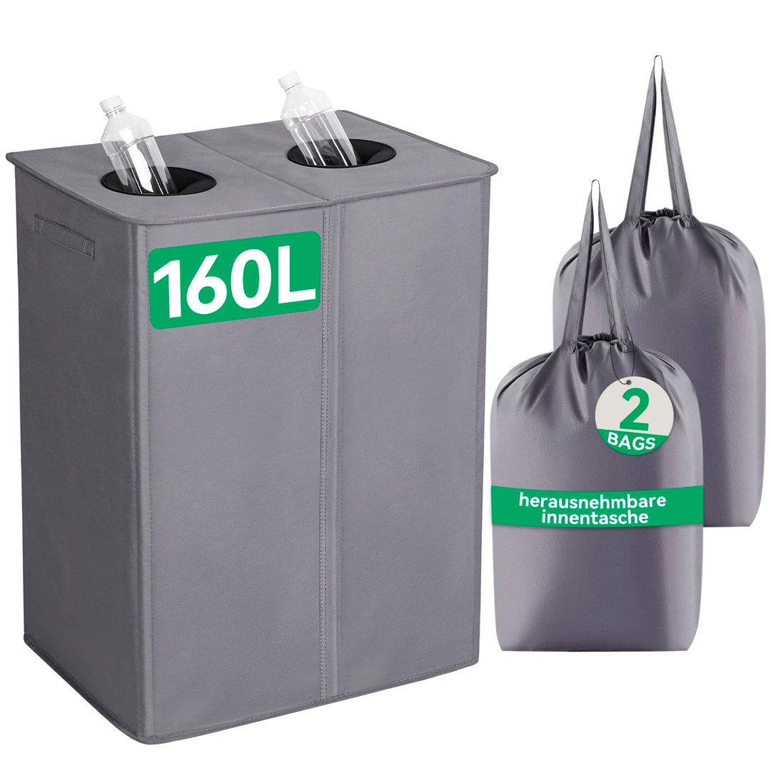 WOWLIVE Pfandflaschen Sammelbehälter 160L wit 2 fächer & 2 Tragetasche,Gross Flaschensammler mit Loc