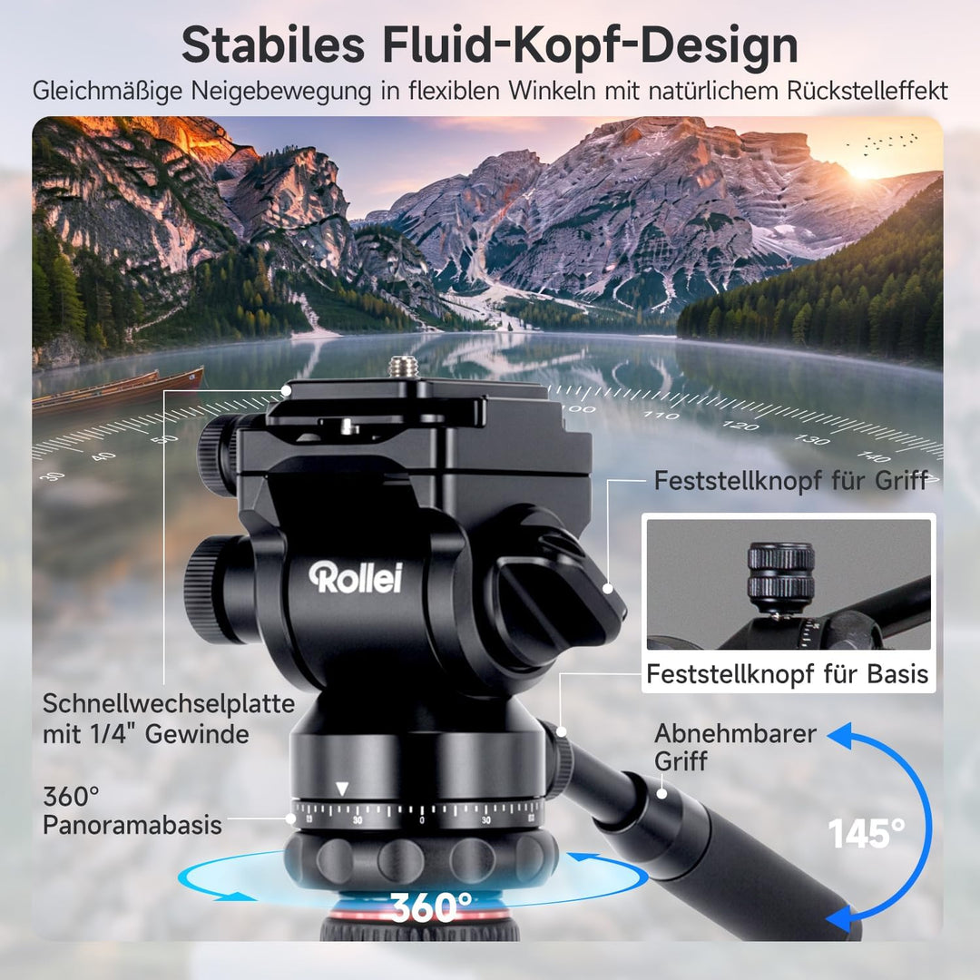 Rollei Compact Traveler No.2 XL Video Stativ Kamera mit Auslegearm 212cm Aluminium Kamerastativ mit
