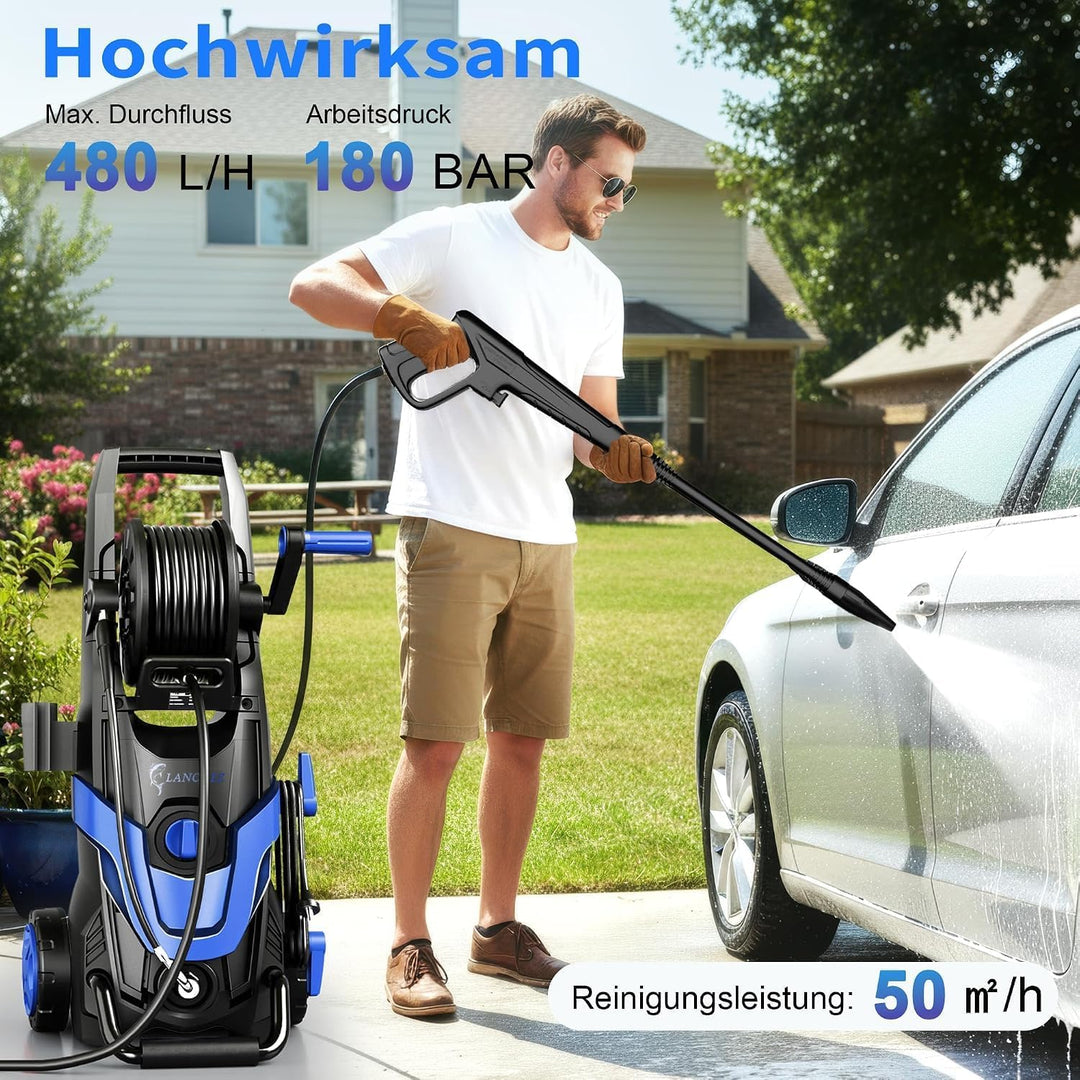 LANCHEZ Hochdruckreiniger 180 bar max Druck, Fördermenge 480 l/h, 7-in-1-Zubehör Kit (500ml Schaumsp
