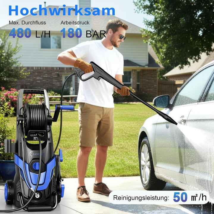 LANCHEZ Hochdruckreiniger 180 bar max Druck, Fördermenge 480 l/h, 7-in-1-Zubehör Kit (500ml Schaumsp