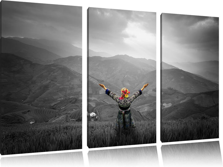 Pixxprint Berg Farm in Asien / 3-Teilig/Gesamtmass 120cm Leinwandbild bespannt auf Holzrahmen/Wandbi