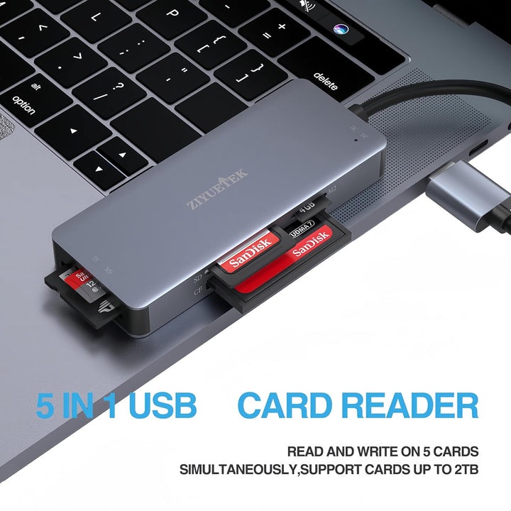 USB CF Card Reader, ZIYUETEK 5 in 1 USB 3.0 Memory Card Reader Adapter 5Gbps Read 5 Cards Simultaneo