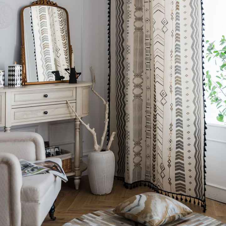 Boho Vintage Gardinen mit Quaste Halbverdunkelungsvorhänge mit Ösen Baumwolle Leinen Dekoschal für W