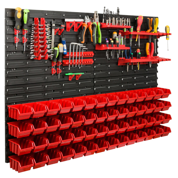 Lagersystem Werkstattregal | 115 x 78 cm | 56 stck. Box | Wandregal mit Werkzeughalterungen und Stap