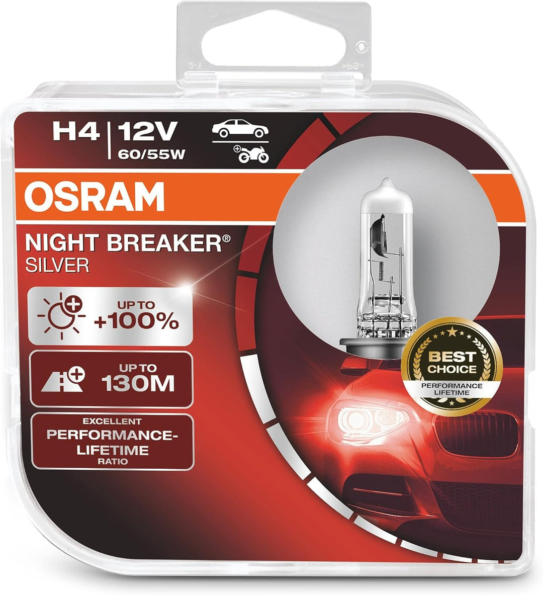 Osram Night Breaker Silver H4, +100% mehr Helligkeit, Halogen-Scheinwerferlampe, 64193NBS-HCB, 12V P