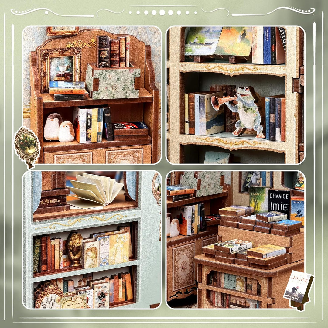 CUTEBEE DIY Book Nook – Kunstvolles DIY Puppenhaus, Miniatur-Welt selbst Bauen mit LED-Beleuchtung |