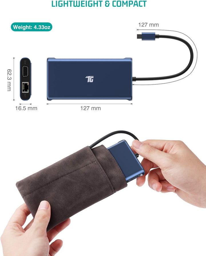USB C Hub, USB C Adapter, Tiergrade 12 in 1 Triple Display Adapter mit Dual 4K HDMI, VGA, 100W Pd 3.