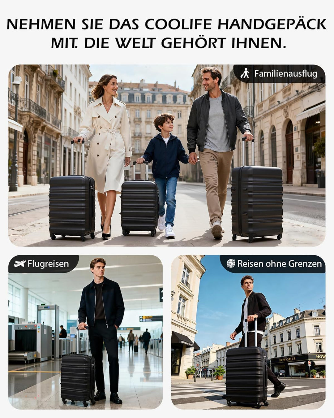 COOLIFE Hartschalen-Koffer Trolley Rollkoffer Reisekoffer mit TSA-Schloss und 4 Rollen (Schwarz, Kof