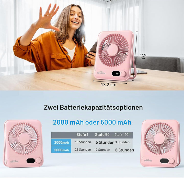 WHATOOK Leiser USB-Tischventilator: Stufenlos 1-100 Regler, 2000mAh Akku Tragbarer Lüfter mit LED-An