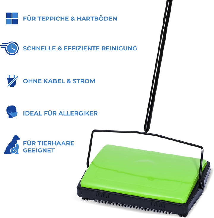 Maximex Teppichkehrer Grün, Stromloser Betrieb, Sekundenschnelle Schmutzaufnahme von Krümeln, Staub,