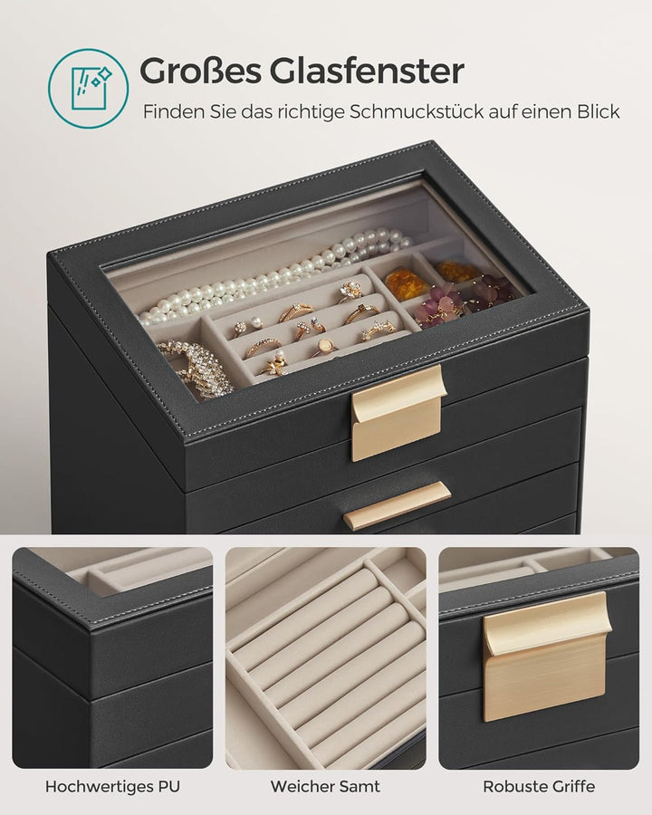 SONGMICS Schmuckkästchen, Schmuckkasten mit 6 Ebenen, Schmuckbox mit Glasdeckel, 5 Schubladen, für S