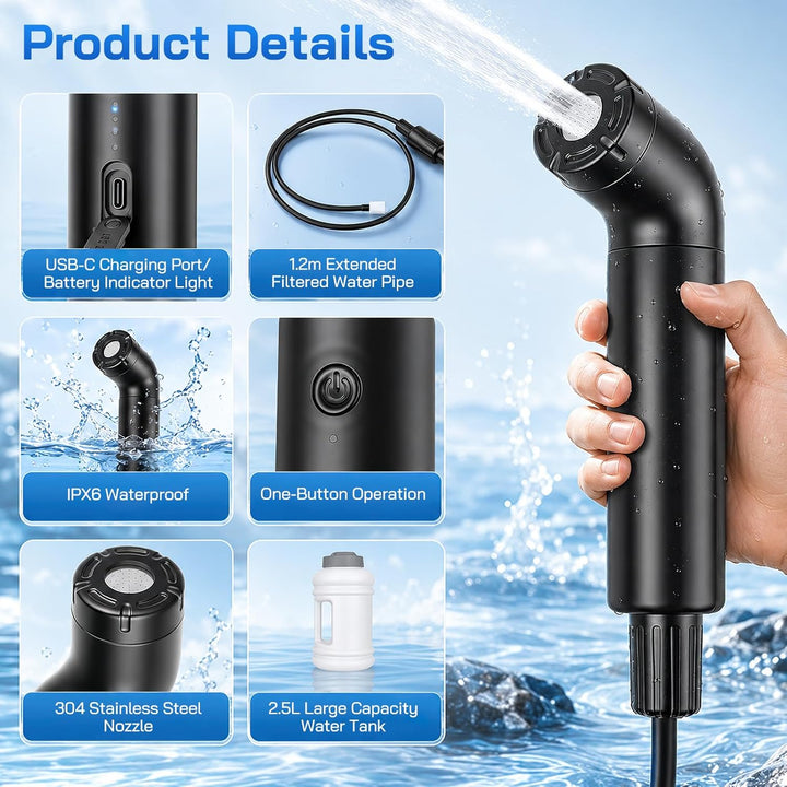 Bidet Po Dusche, 2.5L Elektrisch Peri Bottle Podusche Tragbares Reisen Camping 3 Wasserfluss-Modi Ba