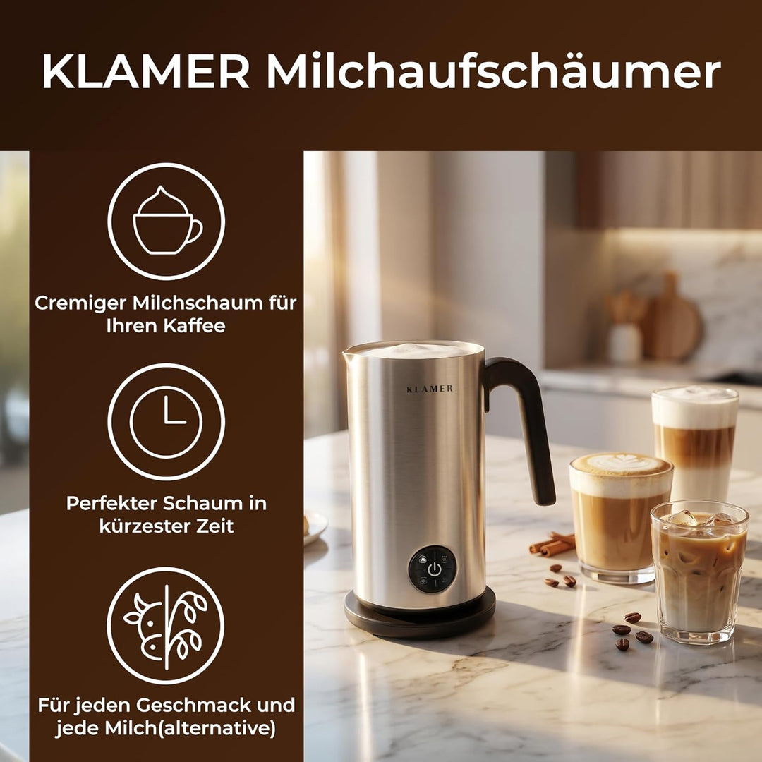 KLAMER Milchaufschäumer Elektrisch, Milchschäumer 500W, 4 Funktionen: Warm & Kalt Aufschäumen, Heiss