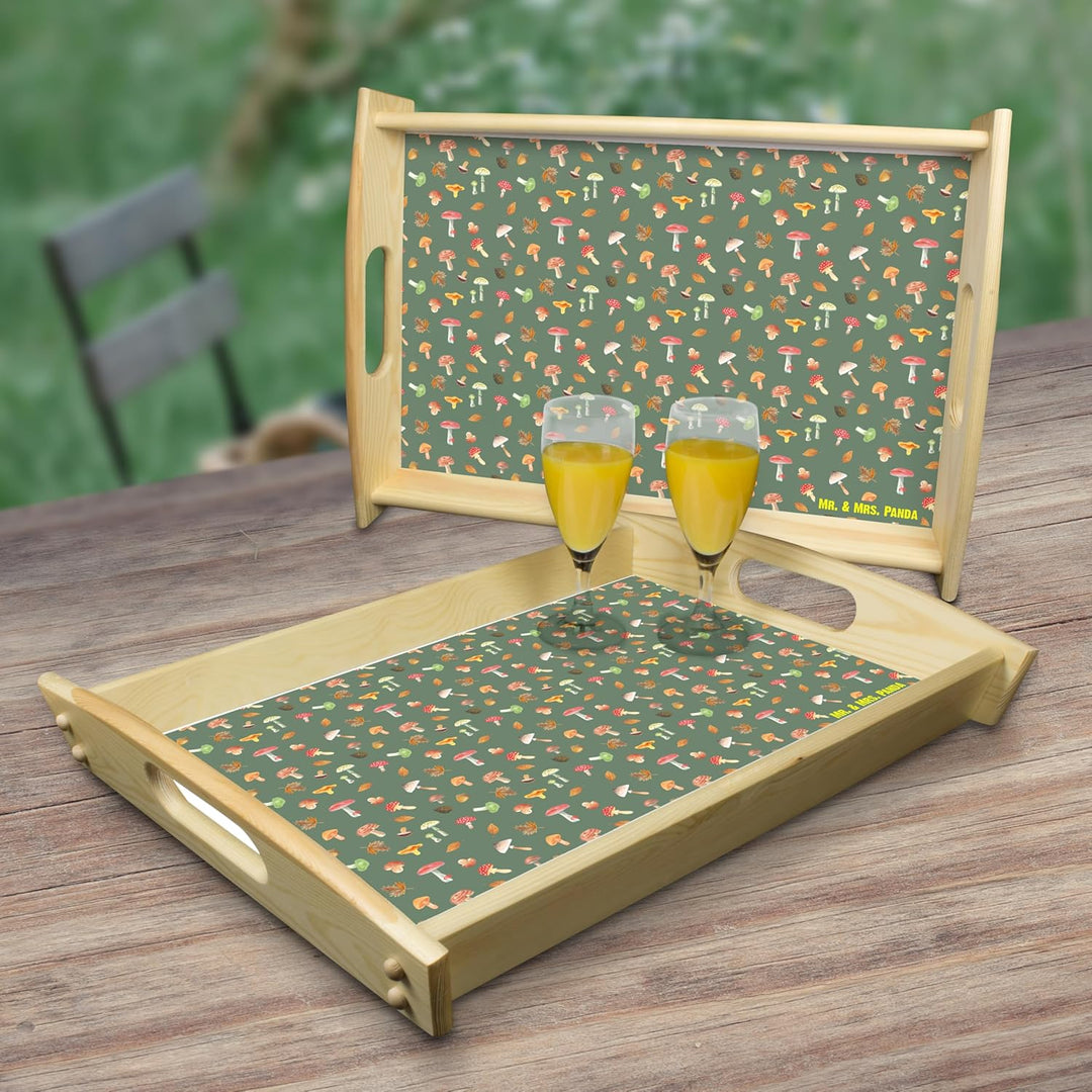 Mr. & Mrs. Panda Tablett Pilz Wald - Geschenk, Holztablett, Muster, Pilze, Snack, Servier, Laub, Ser