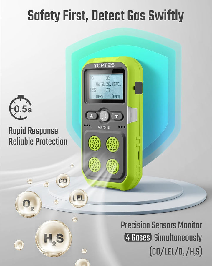 TopTes Guard-101 Gasmelder, 4 Gasmelder Für H2S, CO, LEL Und O2, Mit Vibration, Licht- Und Tonalarm,