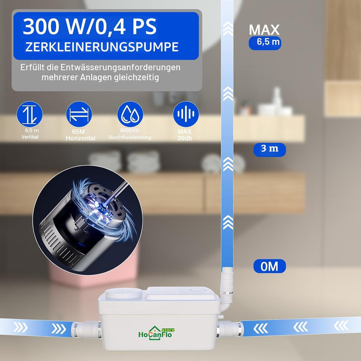 HOCANFLO 400W Kleinhebeanlage Pumpe, Hebeanlage leise Kupfer Wicklung Draht Motor Abwasser Dusche Li