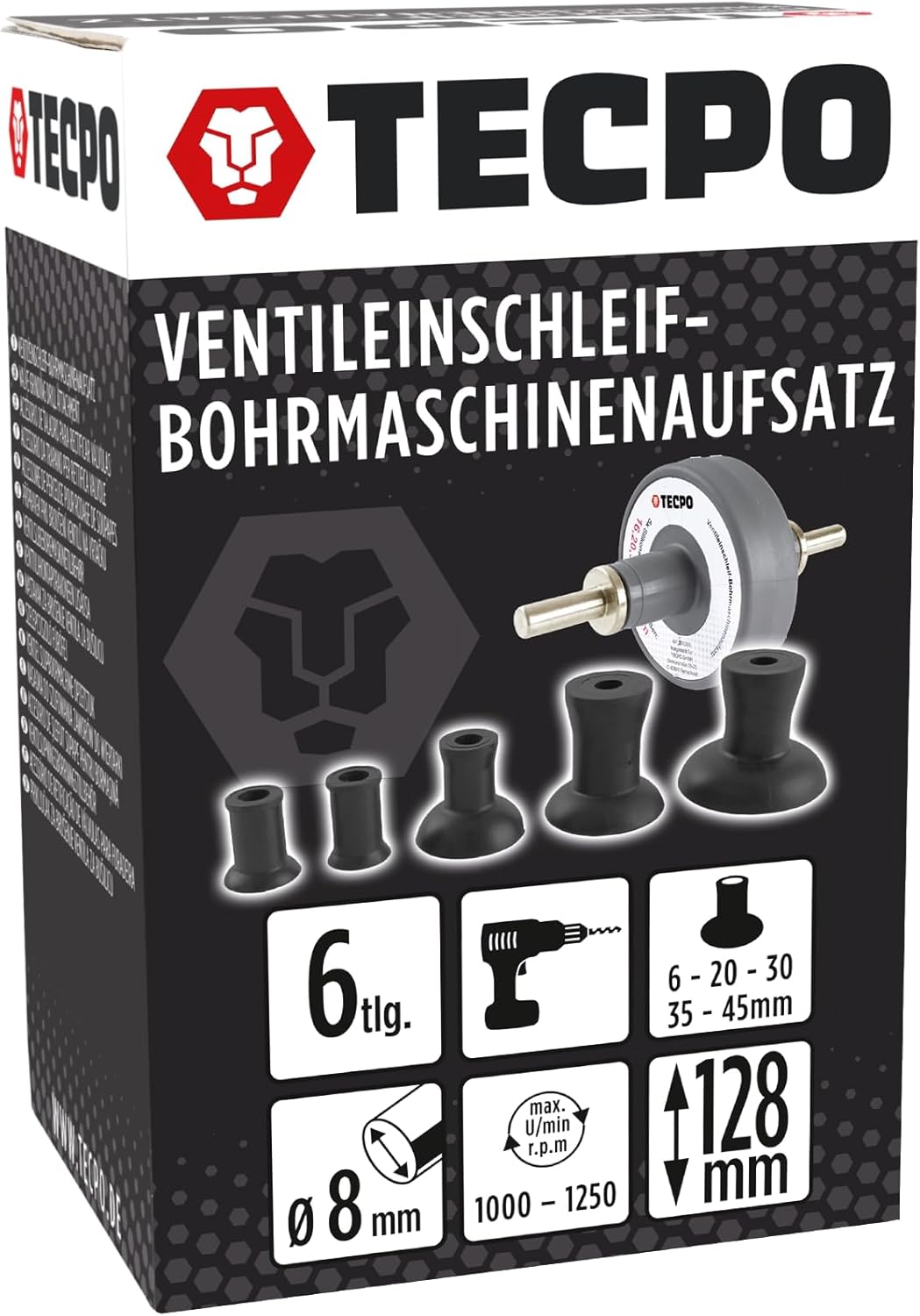 TECPO Ventileinschleif-Bohrmaschinenaufsatz mit Gummiadaptern in 5 Grössen 16-45 mm und 8 mm-Schaft,