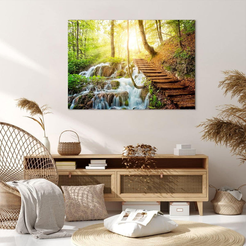 ARTTOR Bilder auf Leinwand 100x70cm Leinwandbild Park Wasserfall Wasser Gross Wanddeko Bild Schlafzi