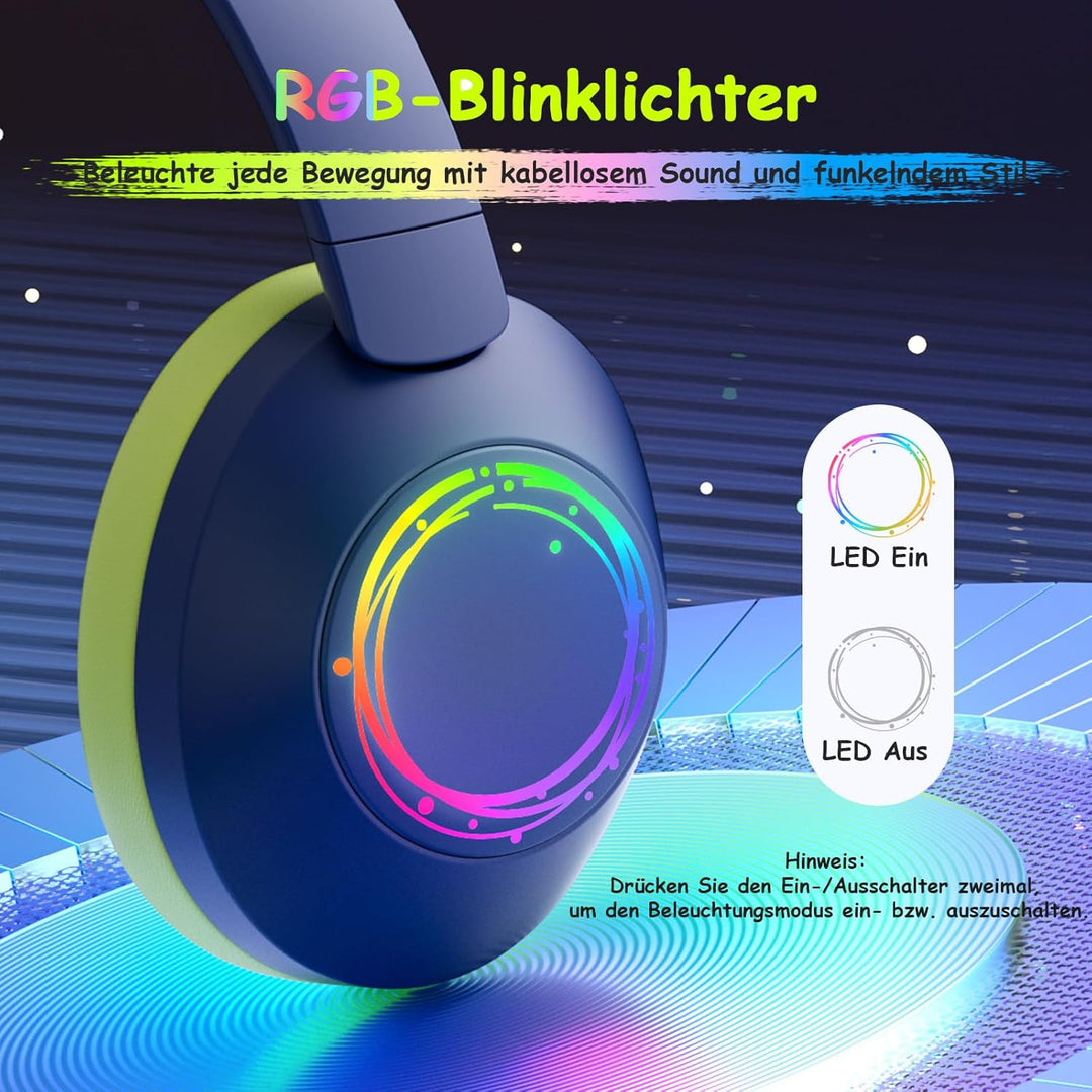 Noise Cancelling Kopfhörer Kinder, Kinderkopfhörer Bluetooth, Bunte RGB LED Leuchte, 60h Spielzeit,