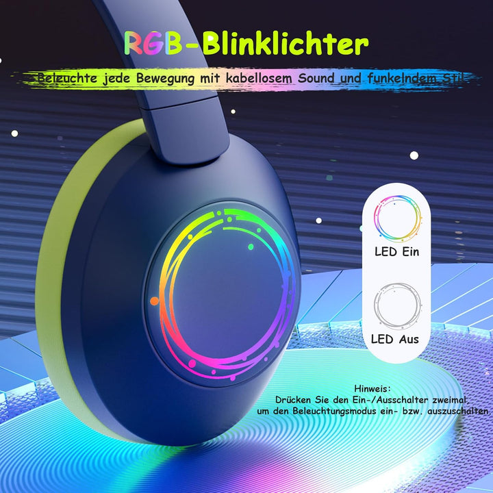 Noise Cancelling Kopfhörer Kinder, Kinderkopfhörer Bluetooth, Bunte RGB LED Leuchte, 60h Spielzeit,