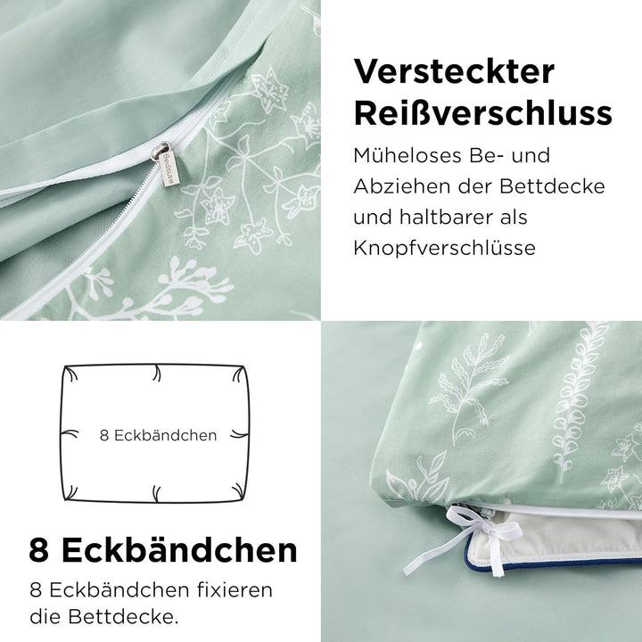 BEDSURE Bettwäsche 220x240 Baumwolle Grün - Bettwäsche-Sets 220 x 240 cm Bettbezug 3teilig mit 2 Kis