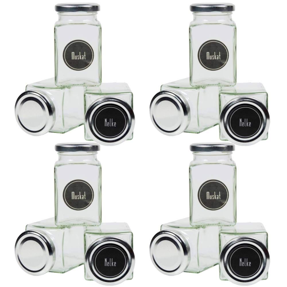 12 eckige Gewürzgläser 260 ml inkl. 24 Gewürzetiketten Deckelfarbe Silber
