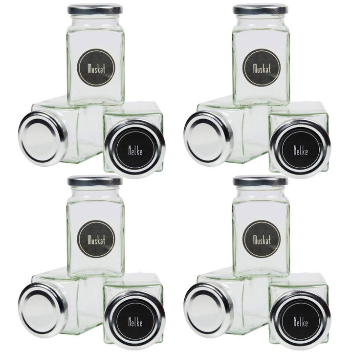 12 eckige Gewürzgläser 260 ml inkl. 24 Gewürzetiketten Deckelfarbe Silber