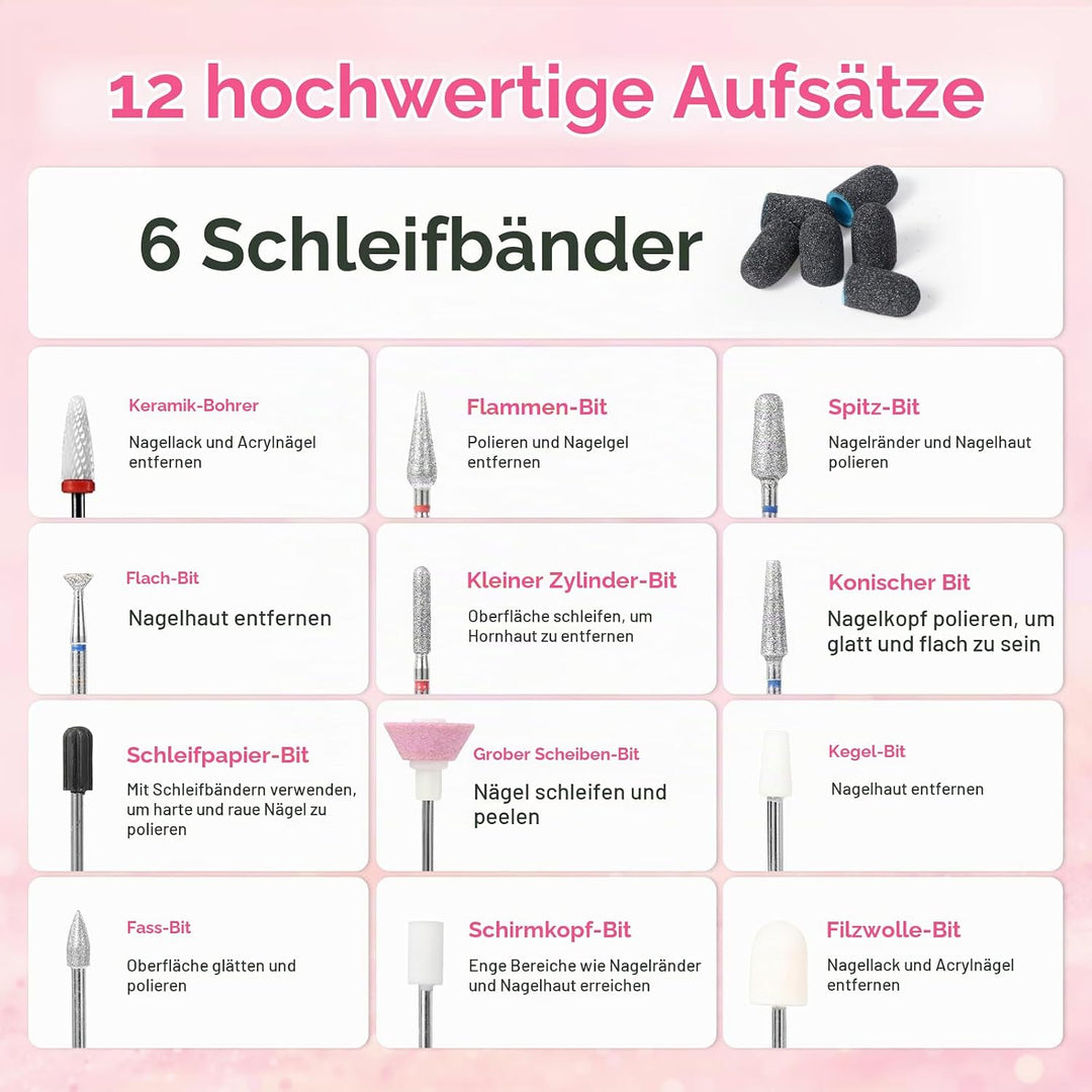 Brencco Professionelle Kabellose Nagelfräser,12 in 1 Fräser für Gelnägel 18000 u/min,8 Bohrköpfe Hal