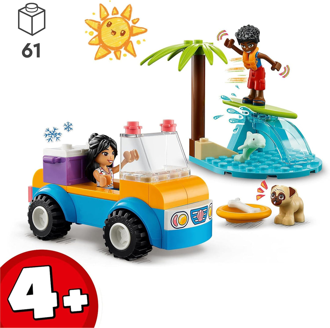 LEGO Friends Strandbuggy-Spass Set mit Spielzeug-Auto, Surfbrett, Mini-Puppen sowie Delfin- und Hund