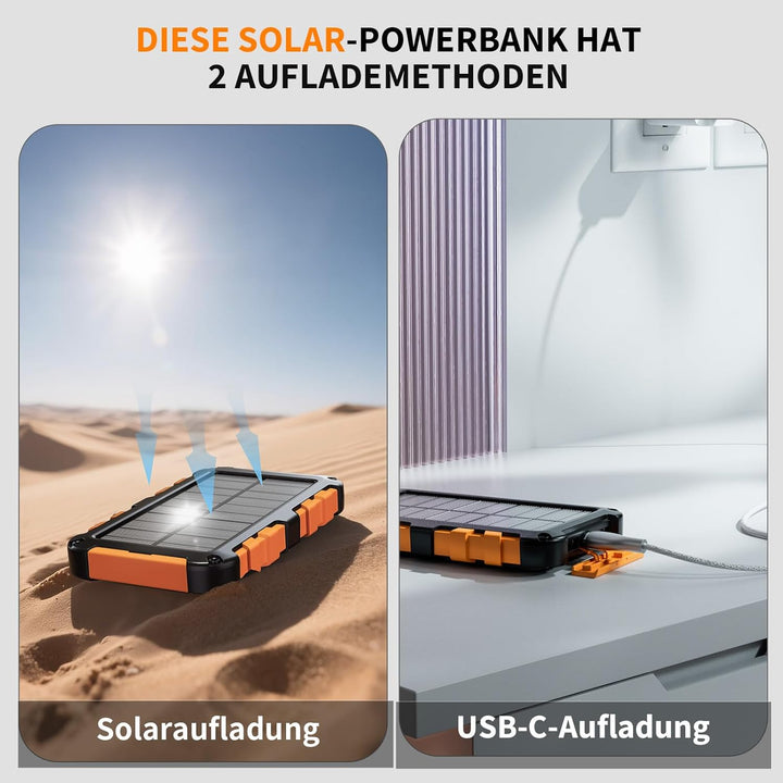 Solar Powerbank 10000mAh PD 22,5W Tragbares Solar Ladegerät USB C Outdoor Wasserdicht Externer Akku