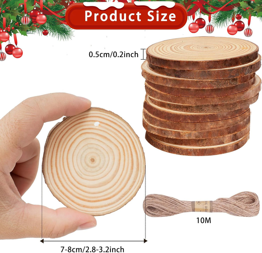 CUWELT 42 Stück Holzscheiben mit Loch, 7-8CM Holz Log Scheiben mit 10m Jute Schnur, Baumscheiben Run