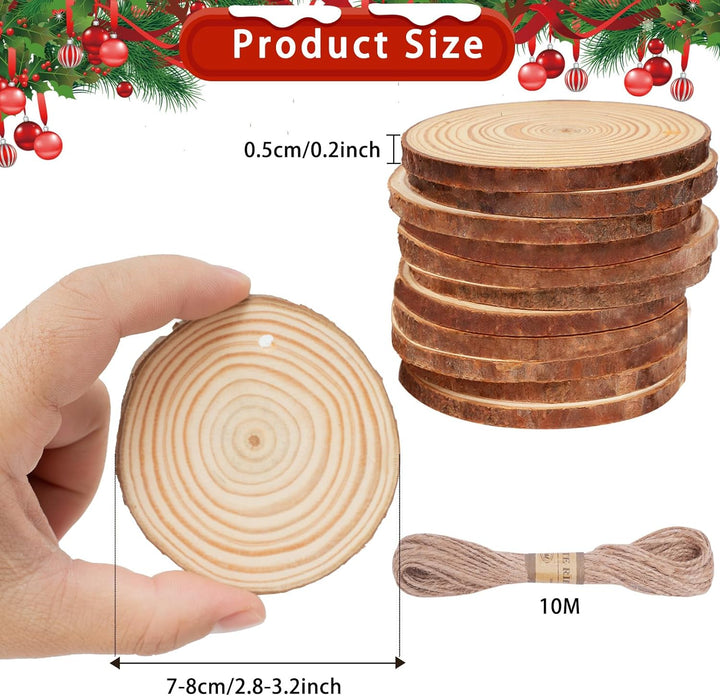 CUWELT 42 Stück Holzscheiben mit Loch, 7-8CM Holz Log Scheiben mit 10m Jute Schnur, Baumscheiben Run