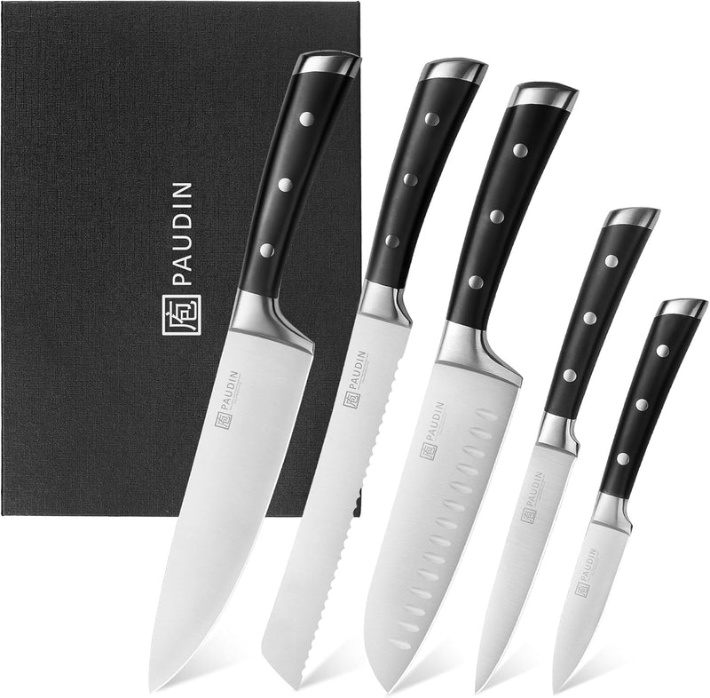 PAUDIN Messerset 5 Teilig, Küchenmesser Set mit Kochmesser, Brotmesser, Santokumesser, Gemüsemesser