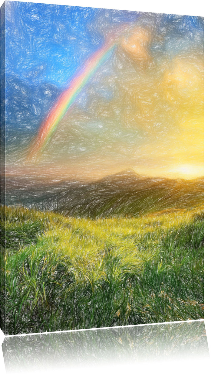 Pixxprint Berge mit Regenbogen am Himmel / 100x70cm Leinwandbild bespannt auf Holzrahmen/Wandbild Ku