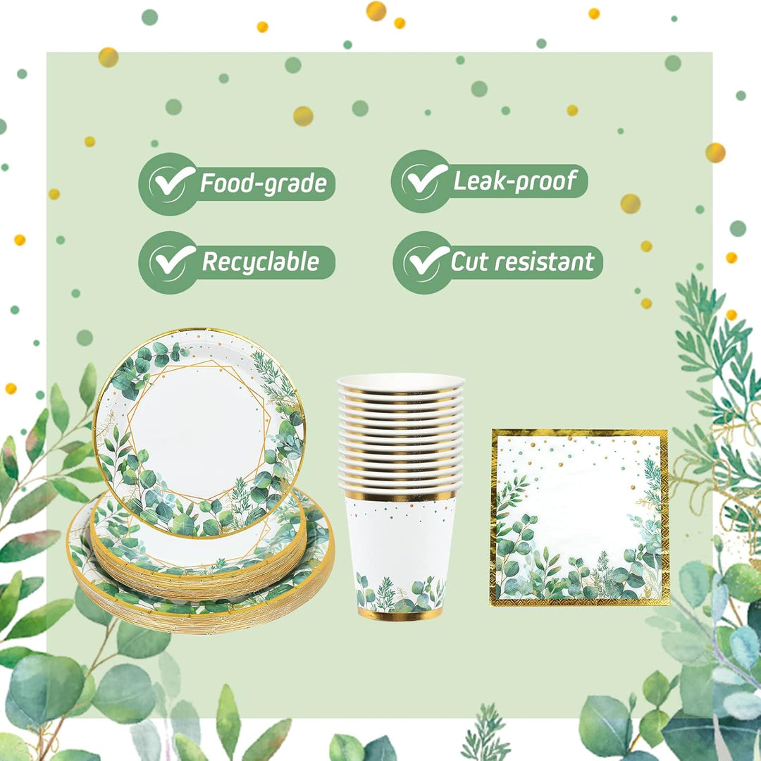 Grün Partygeschirr Set,96Pcs Green Gold Baby Shower Pappteller,Olive Grün Einwegteller Set mit Pappt