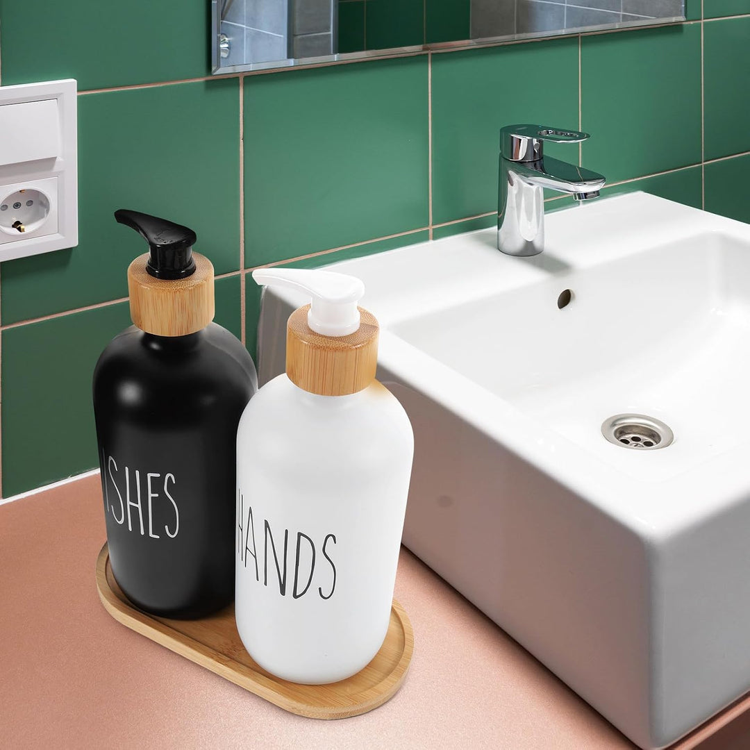 DOITOOL 500ml Lotion Spender Satz aus Glas und Bambus mit Praktischem Tablett Nachfüllbarer Pumpspen